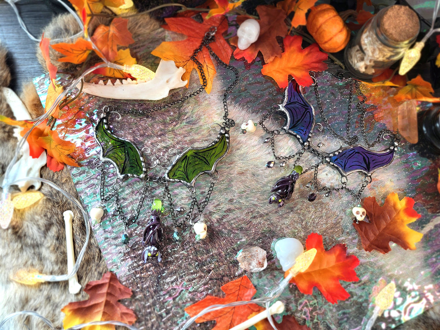 Green Bat Wings Stained Glass Statement Necklace