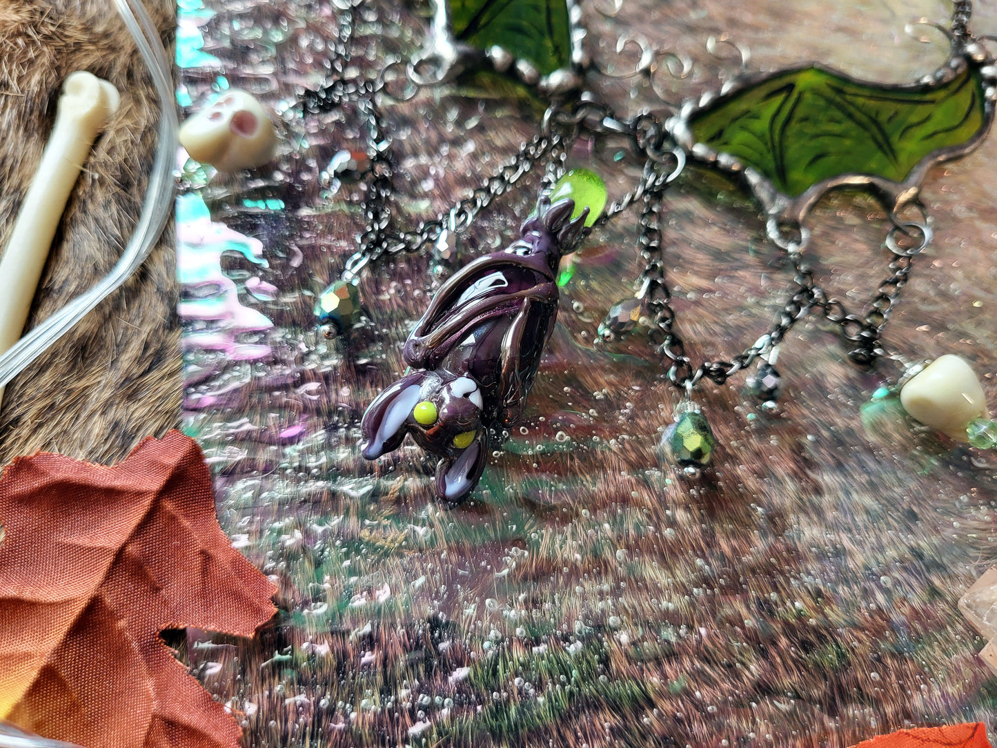 Green Bat Wings Stained Glass Statement Necklace