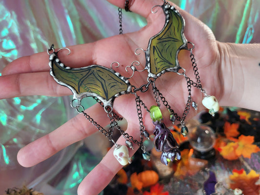 Green Bat Wings Stained Glass Statement Necklace