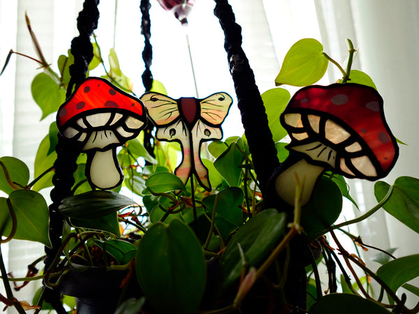 Mushie and Moth Stained Glass Plant Stakes