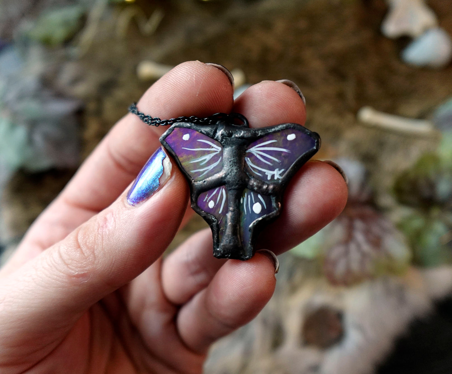 Purple Iridescent Moth Stained Glass Scrappie Charm Necklace