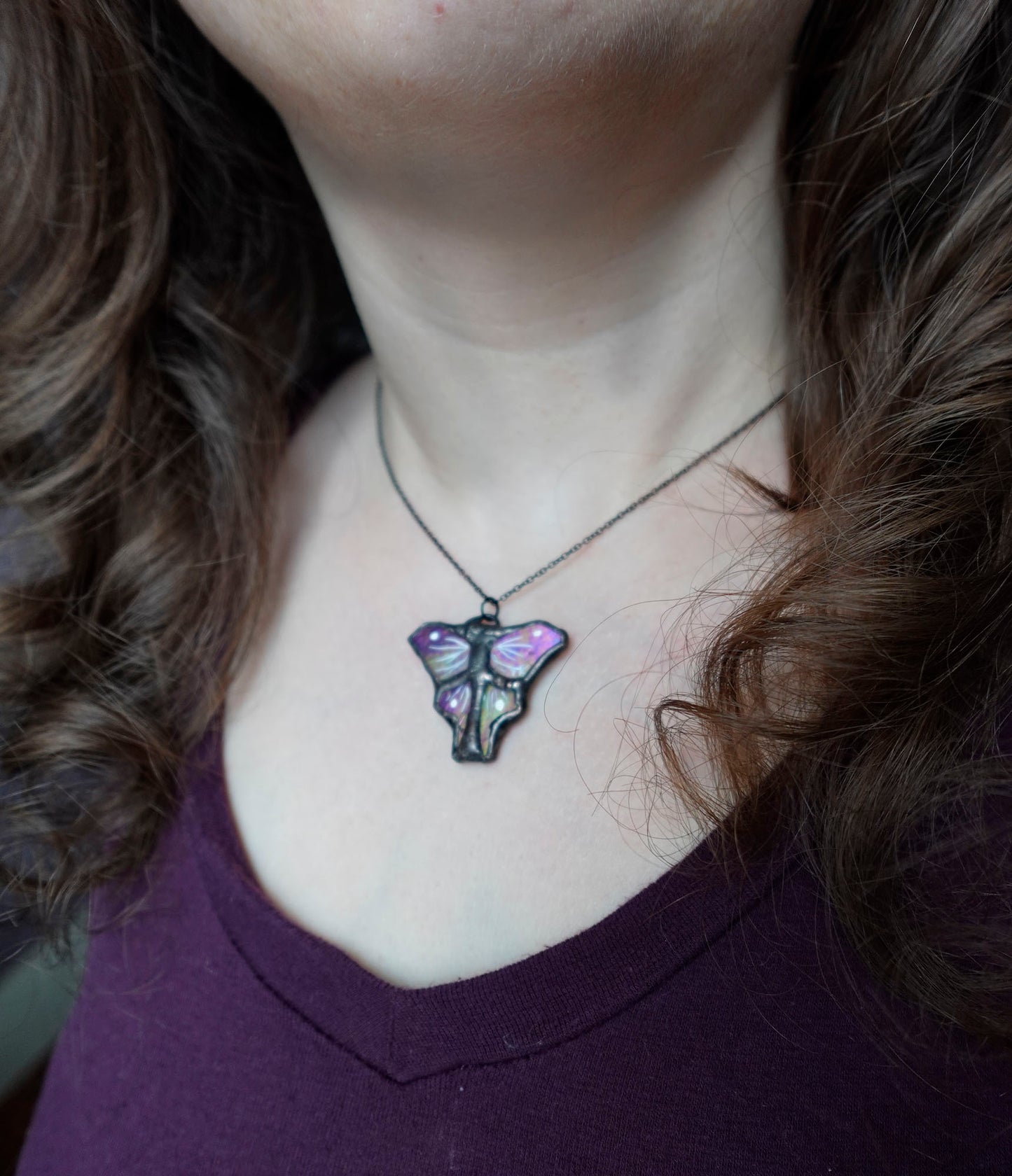 Purple Iridescent Moth Stained Glass Scrappie Charm Necklace