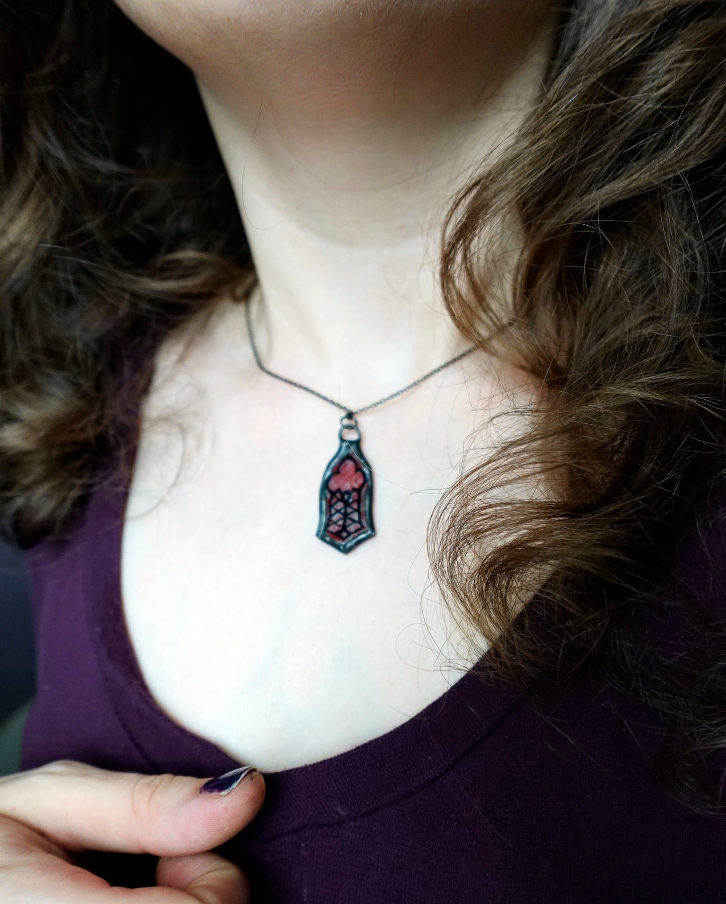 Red/silver Cathedral Window Stained Glass Scrappie Charm Necklace
