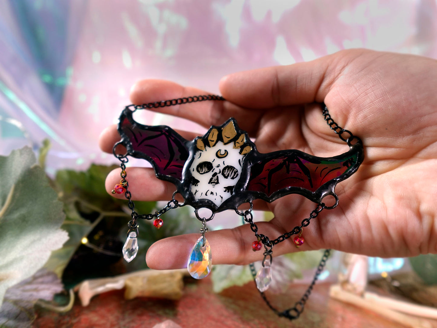 Memento Mori (Red Wings) Stained Glass Statement Necklace