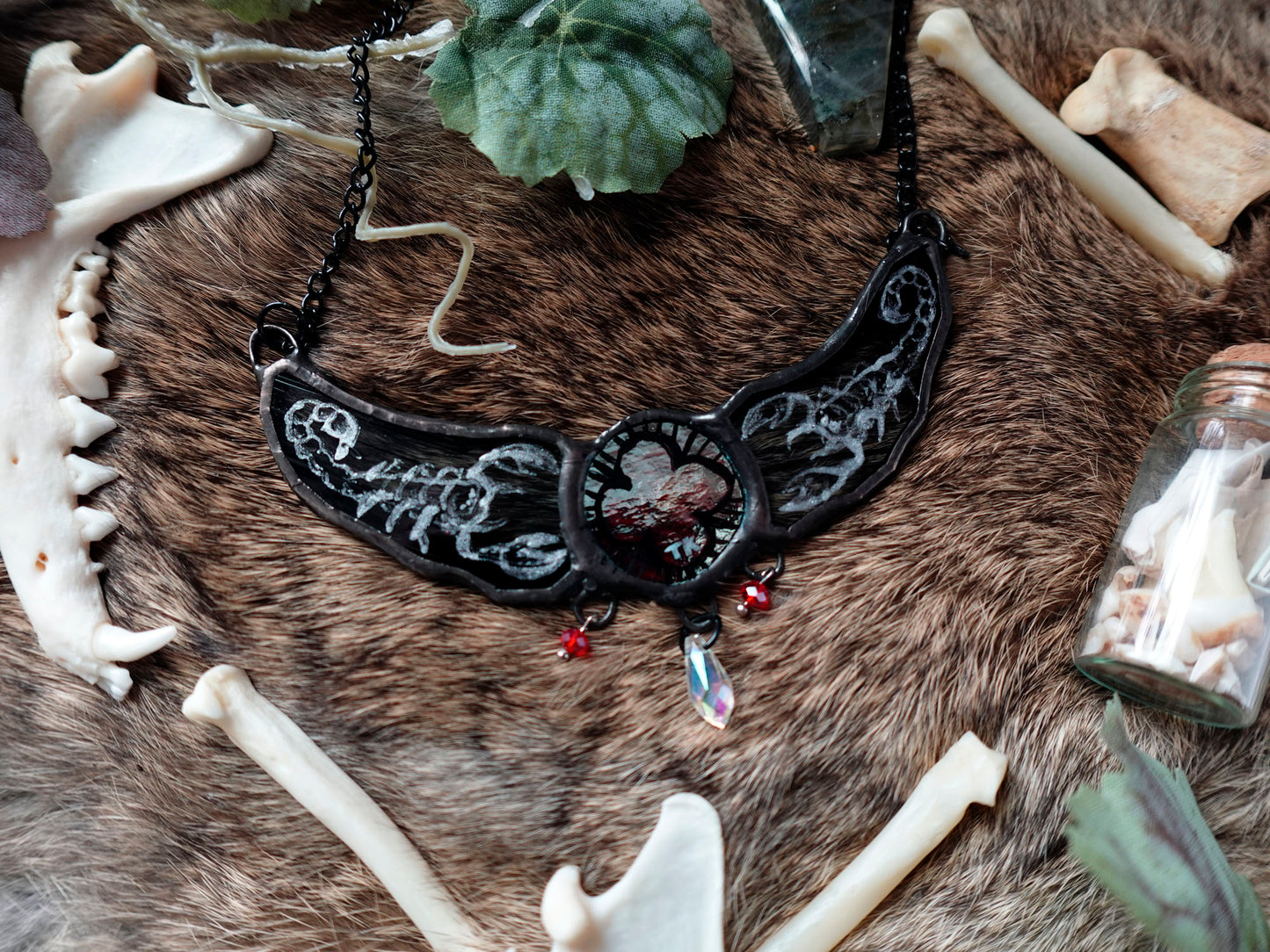 Scorpions on Smokey Black Stained Glass Statement Necklace