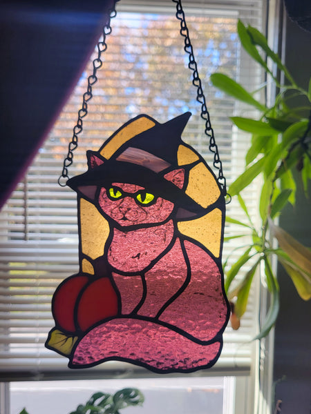 Witchy Cat Familiar Stained Glass Sun Catcher