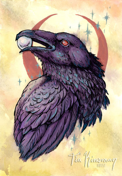 Watercolor Raven Study Hand Embellished Fine Art Print