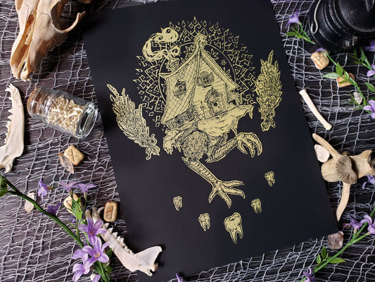 GOLDEN EDITION Baba Yaga's Hut Hand Screen Printed Fine Art Print