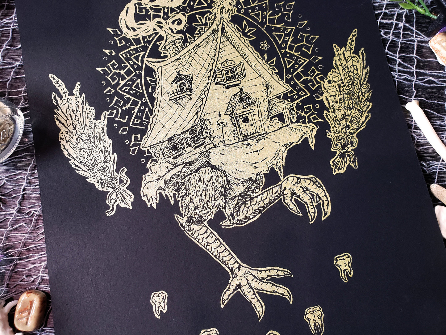 GOLDEN EDITION Baba Yaga's Hut Hand Screen Printed Fine Art Print