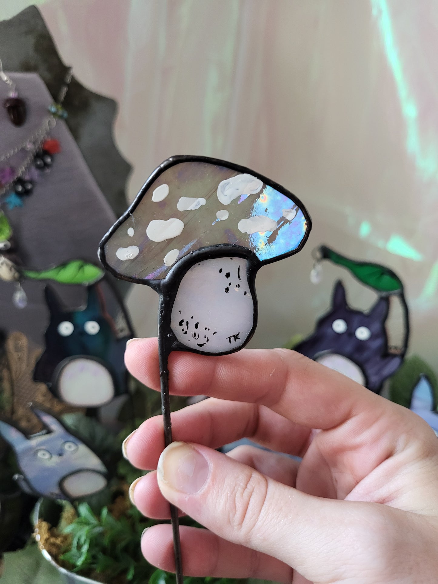 Mushroom and Kodama Stained Glass Plant Stakes