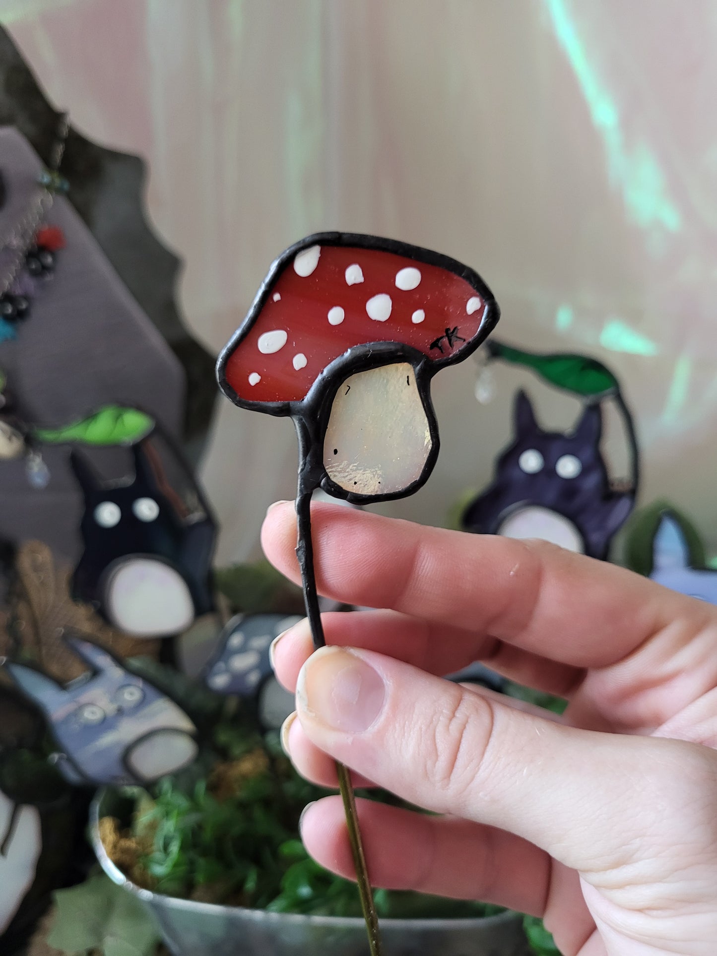Mushroom and Kodama Stained Glass Plant Stakes