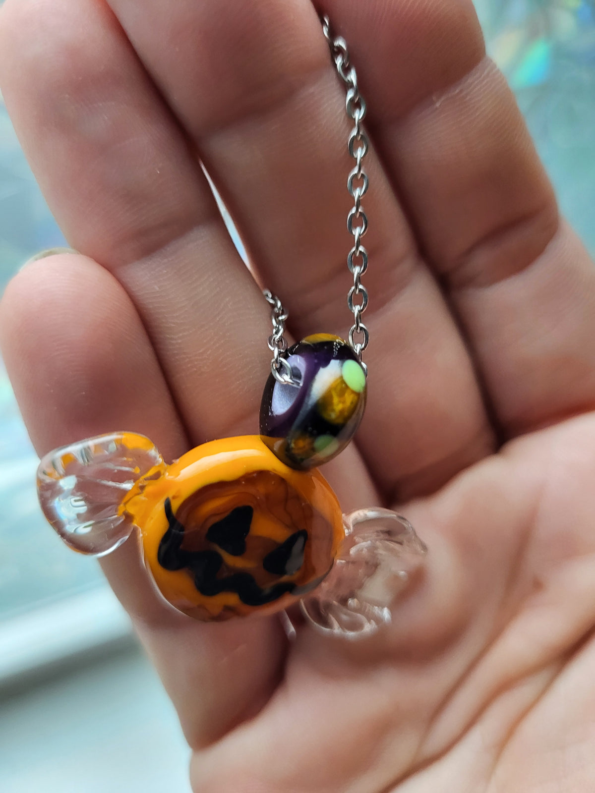 Glass Jack-O-Lantern Candy Pendant Necklace