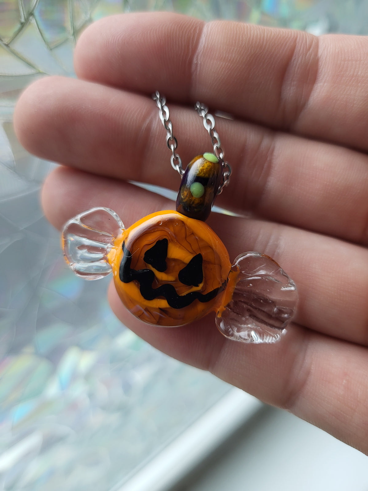 Glass Jack-O-Lantern Candy Pendant Necklace