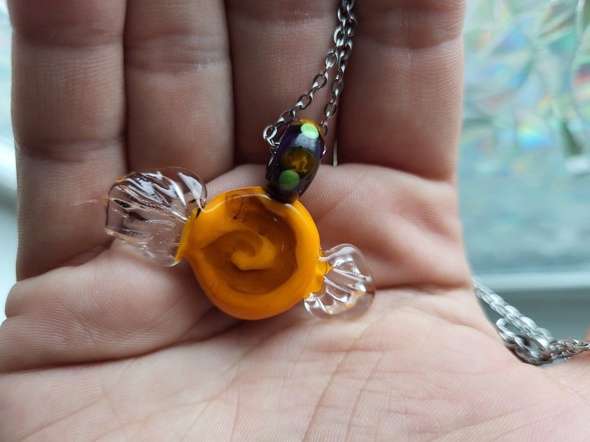 Glass Jack-O-Lantern Candy Pendant Necklace