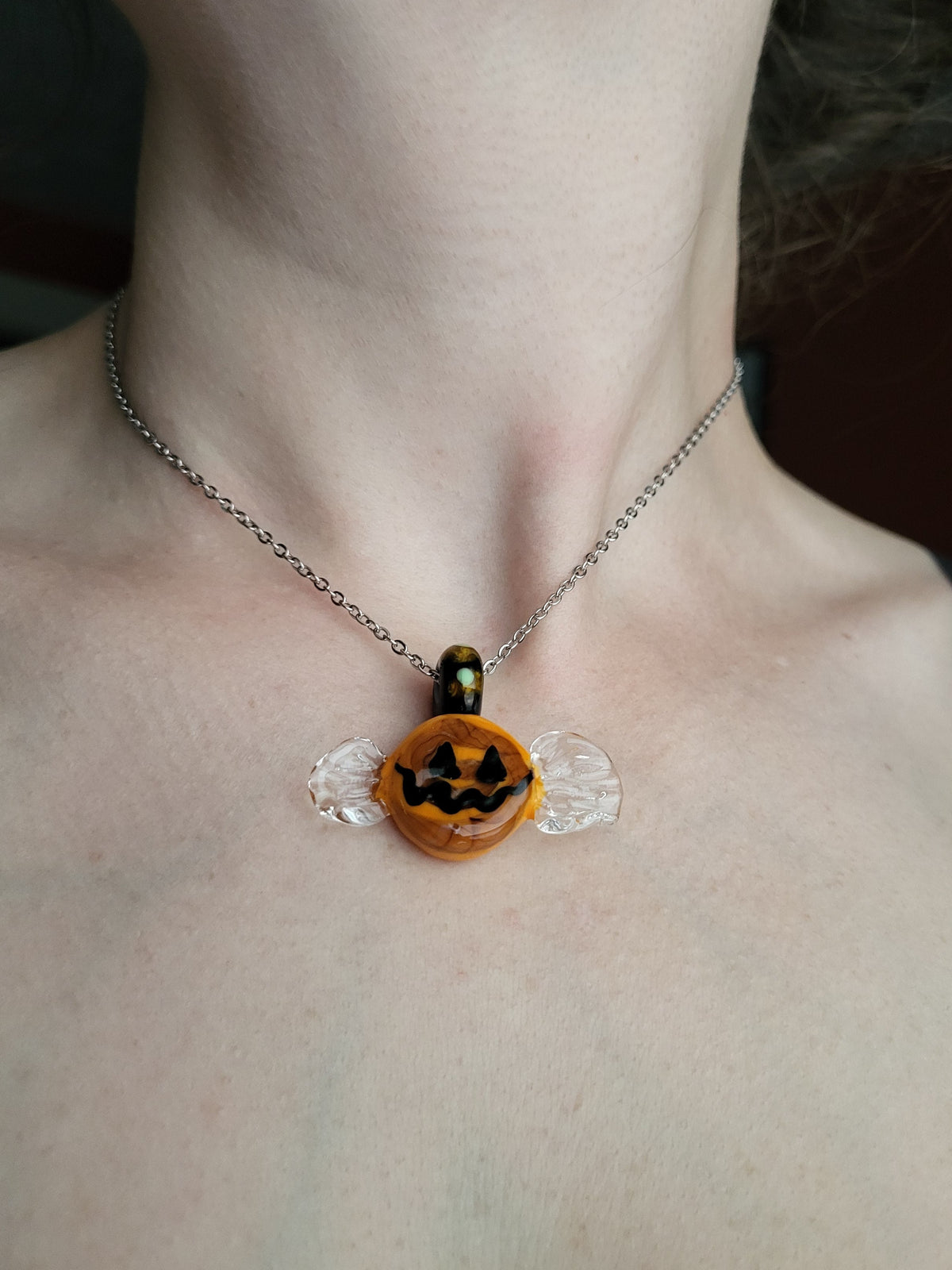 Glass Jack-O-Lantern Candy Pendant Necklace