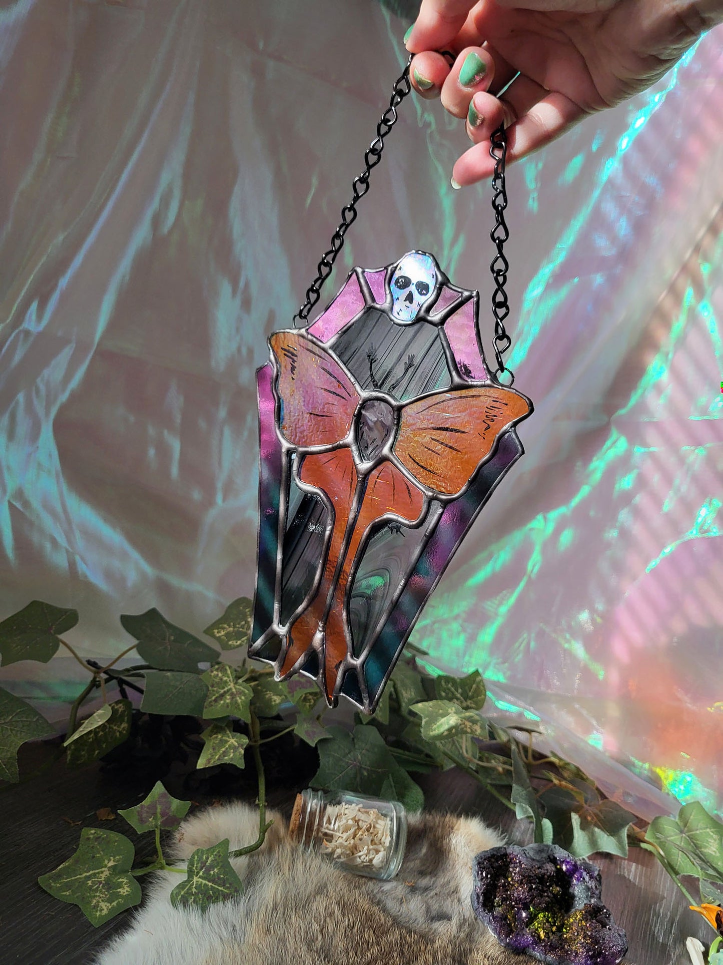 Coffin Framed Moth Stained Glass Sun catcher