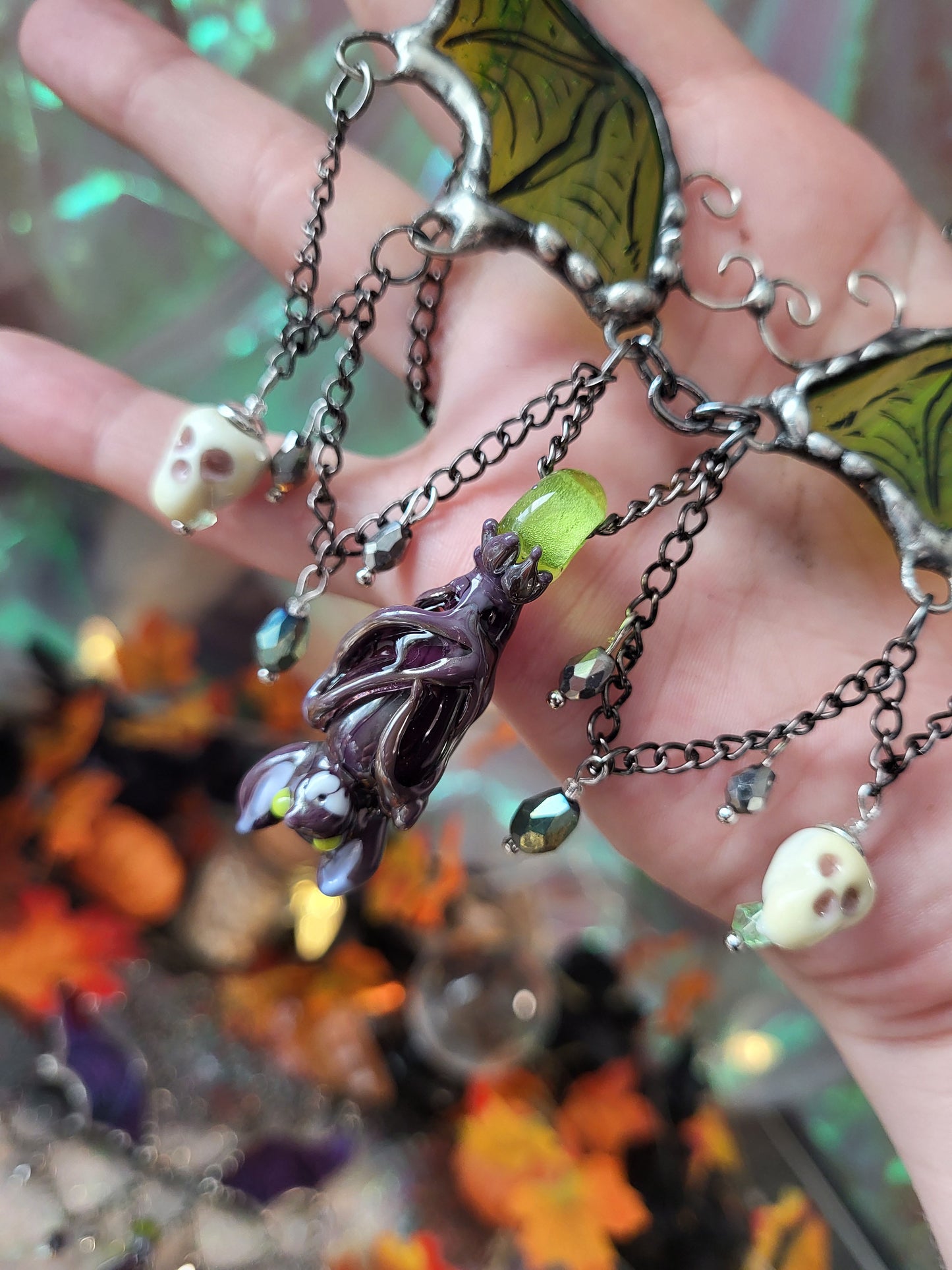 Green Bat Wings Stained Glass Statement Necklace