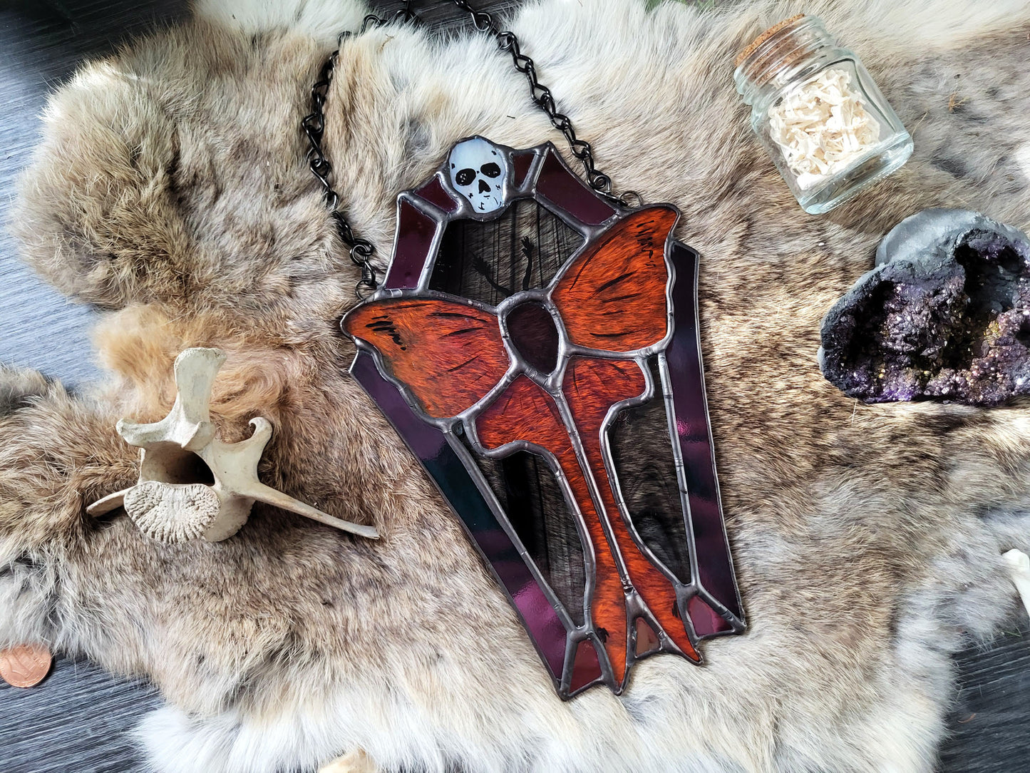 Coffin Framed Moth Stained Glass Sun catcher