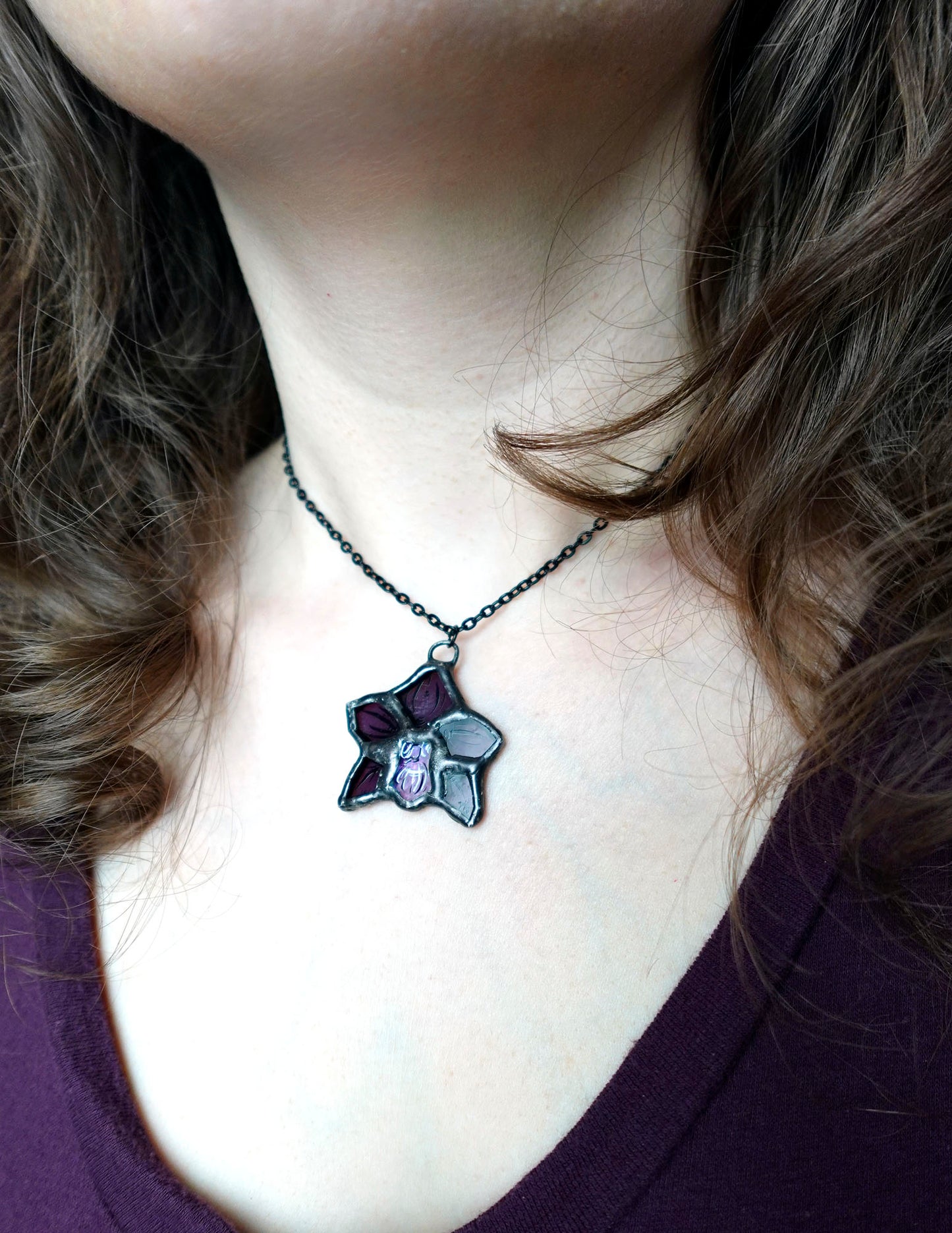 Purple Orchid Stained Glass Scrappie Charm Necklace