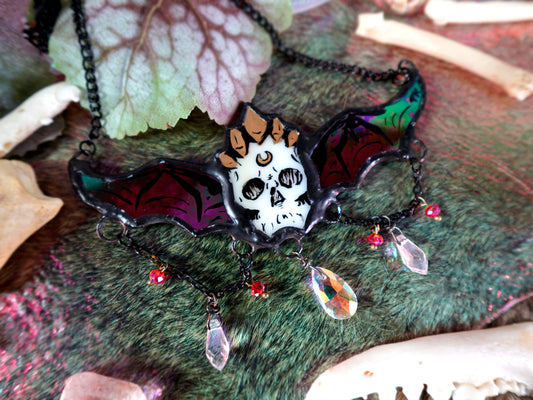 Memento Mori (Red Wings) Stained Glass Statement Necklace