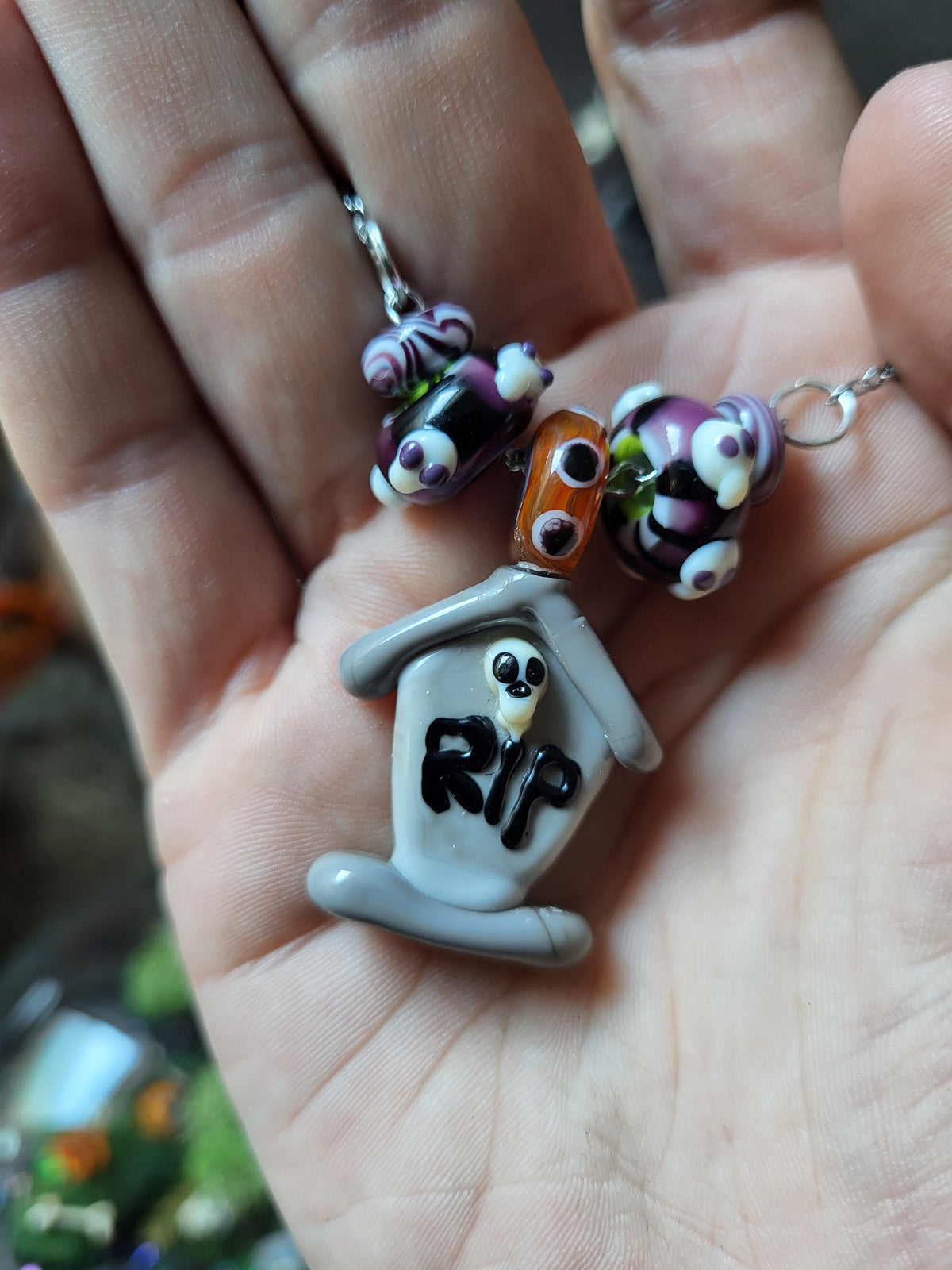 Glass Tombstone (Orange Themed) Pendant Necklace