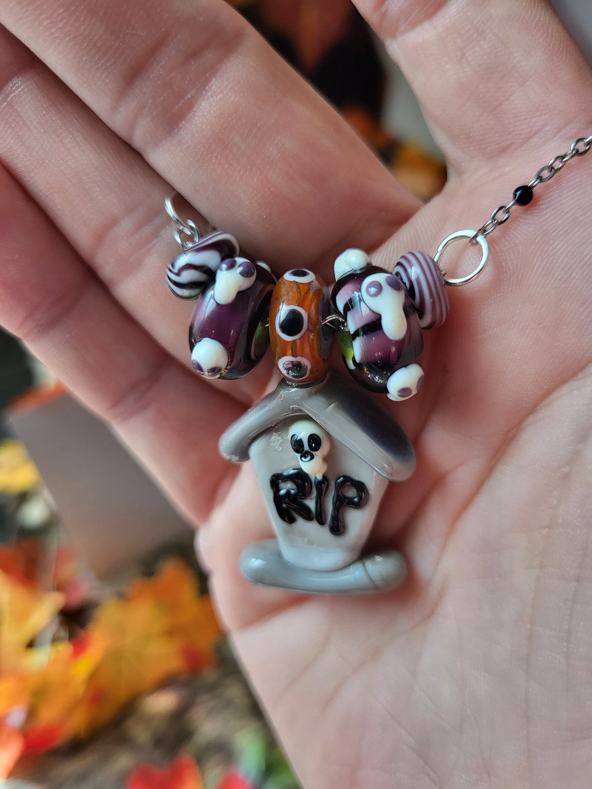 Glass Tombstone (Orange Themed) Pendant Necklace