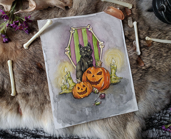 Halloweenie Black Cat and Pumpkins Original Watercolor Painting