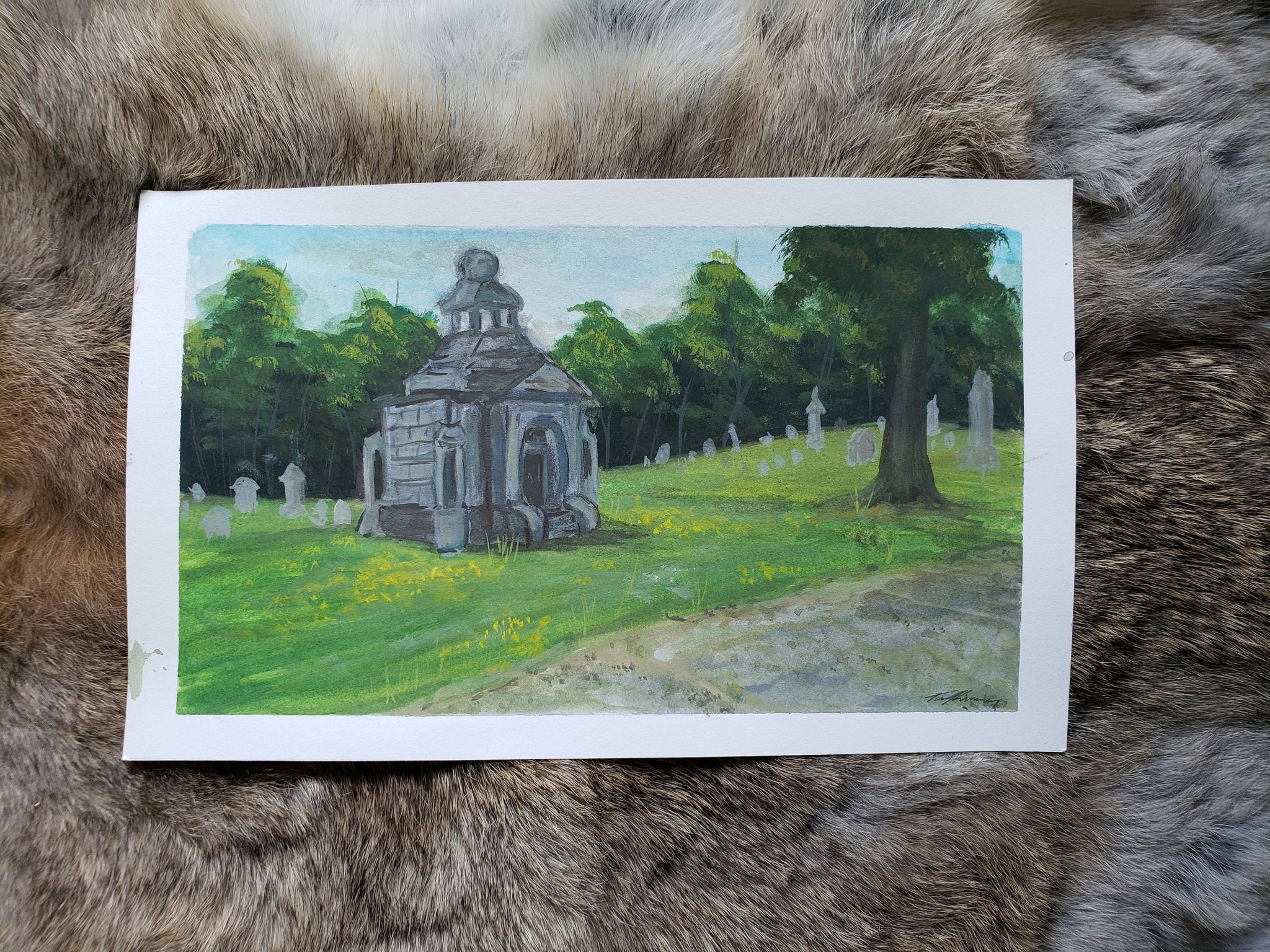 Cemetery Plein Air Landscape Original Watercolor Painting