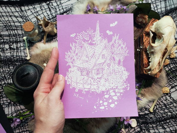Limited Purple Victorian Cottage Hand Screen Printed Fine Art Print